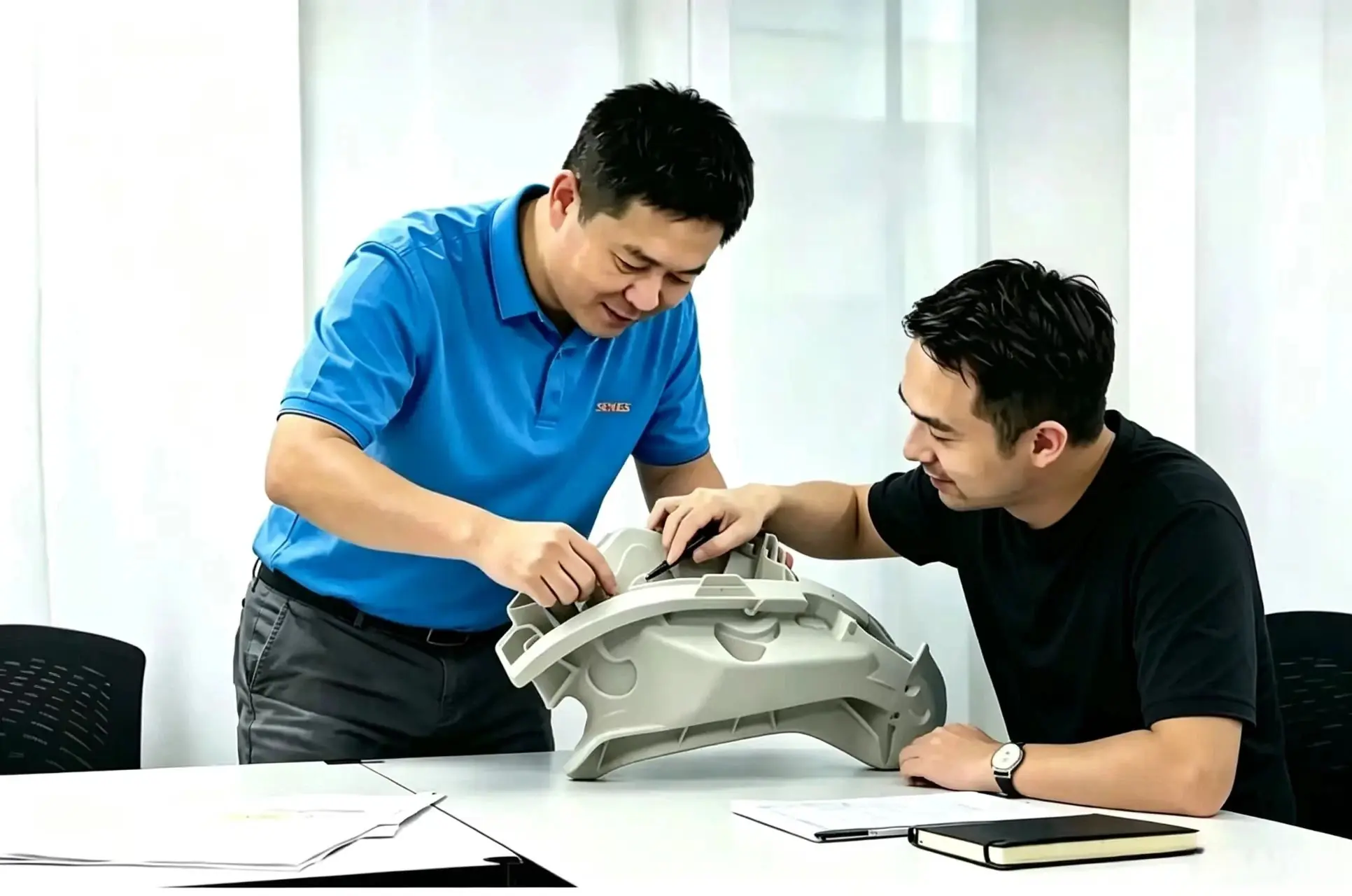 SENSES MOLD engineers discussing OEM manufacturing requirements with a customer