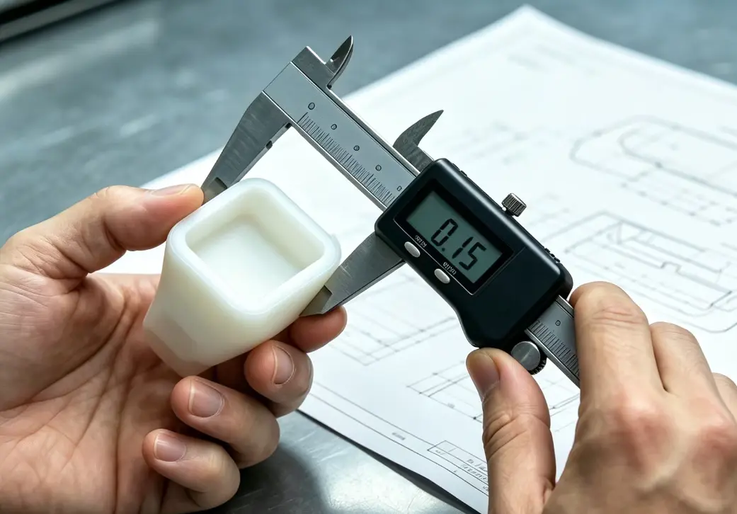 Vacuum cast part dimensional inspection with digital caliper and engineering drawing
